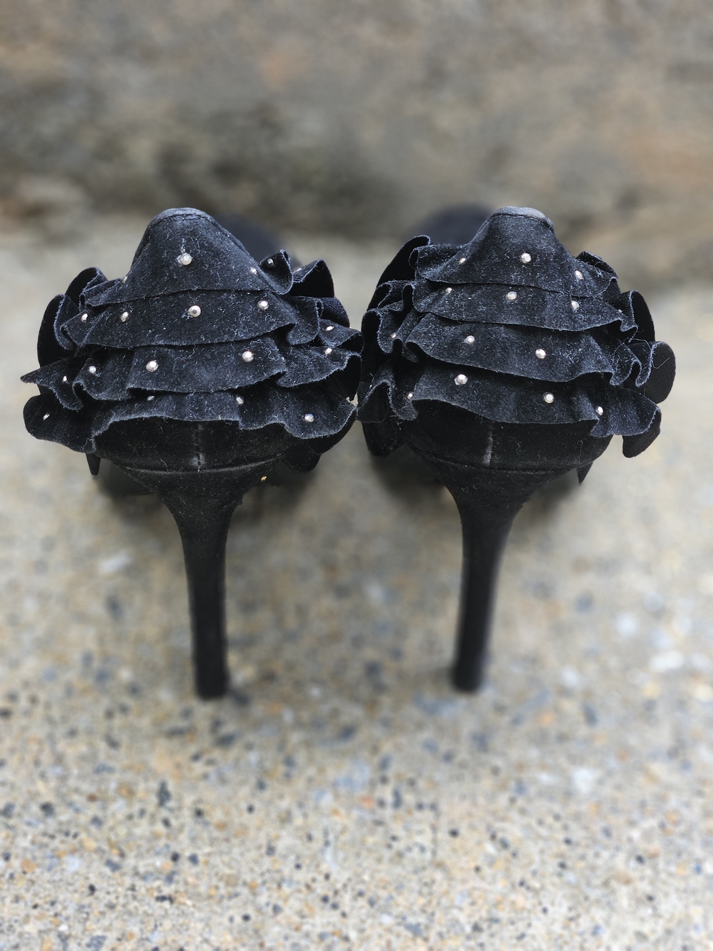 Rouge! Black Suede Ruffle Stiletto Heels